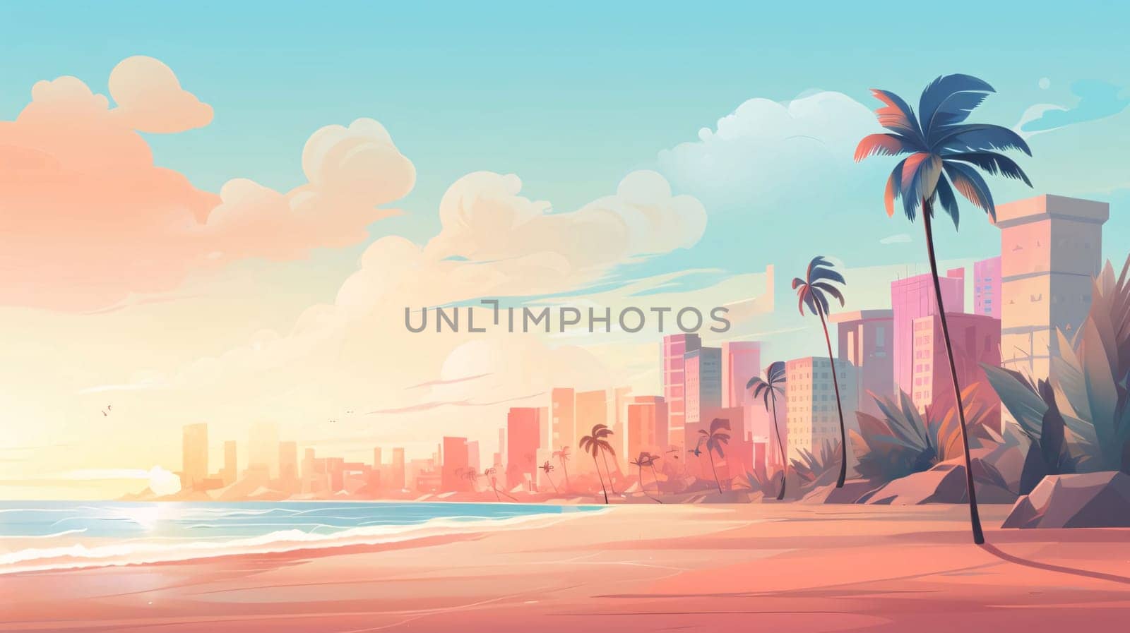 Banner: Beach with palm trees and skyscrapers at sunset. Vector illustration.