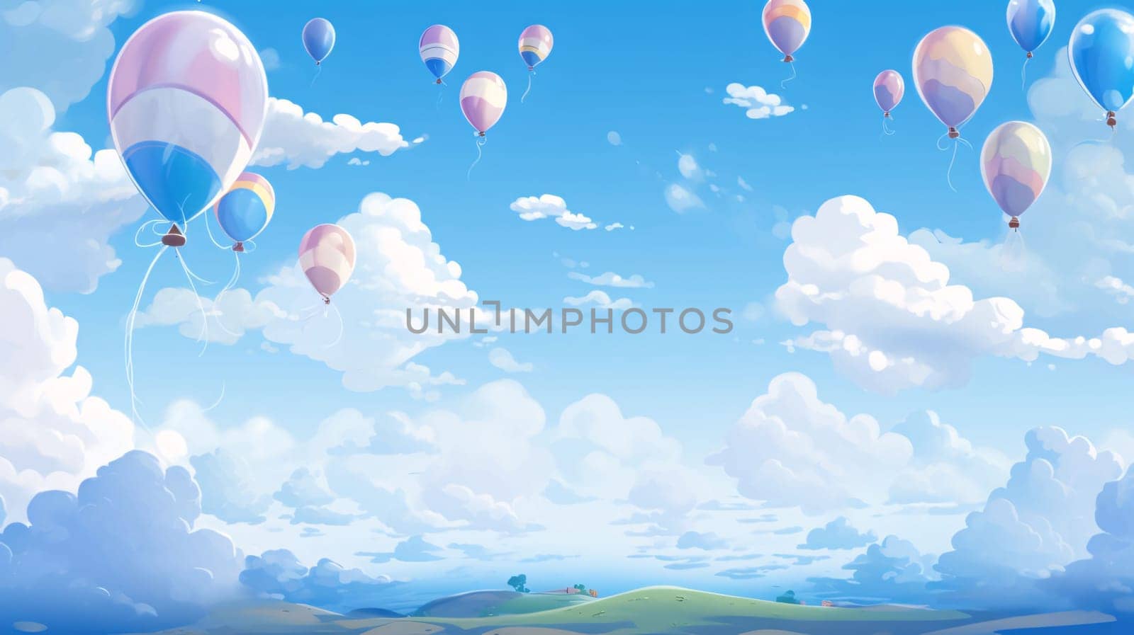 Banner: Colorful hot air balloons flying in the blue sky. Vector illustration.