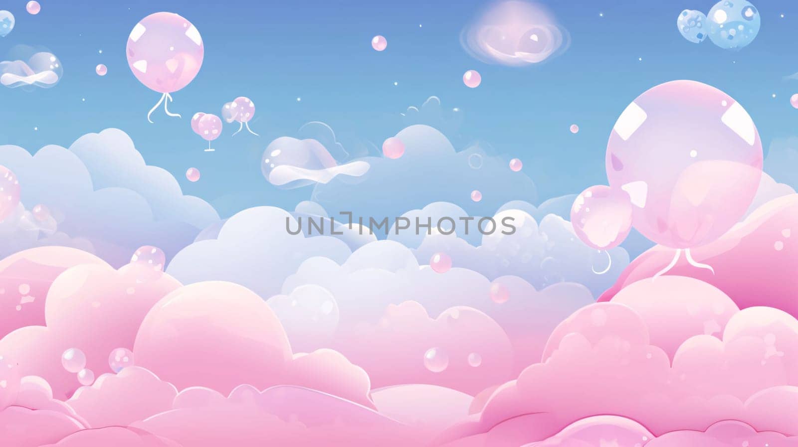 Banner: Illustration of a pink background with balloons and clouds in the sky