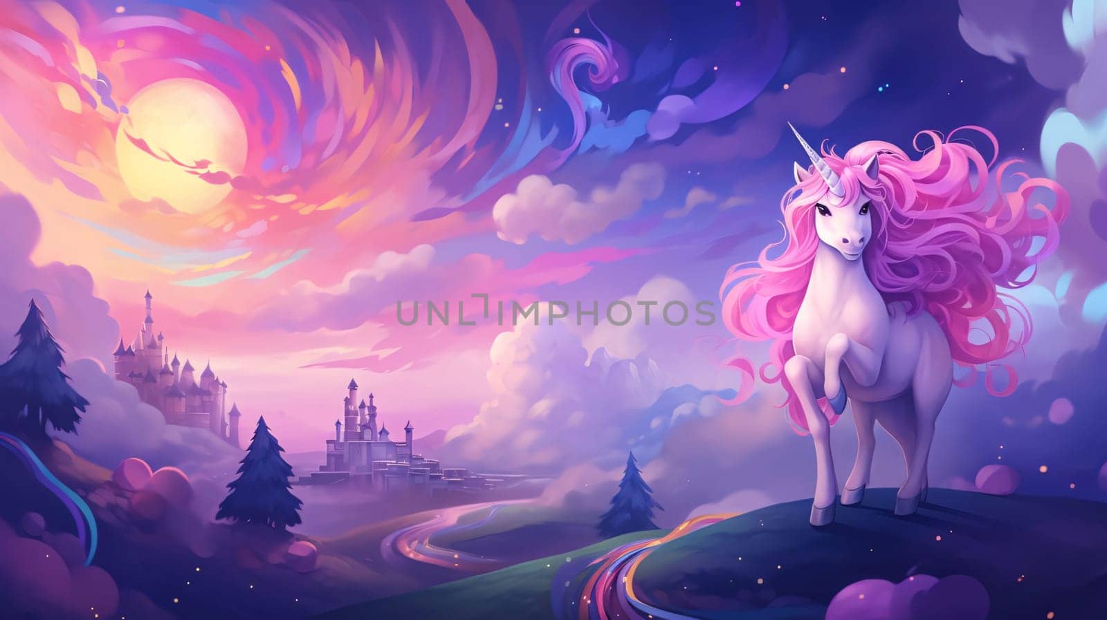 Banner: Unicorn in the fantasy landscape. Fairytale background. Vector illustration.