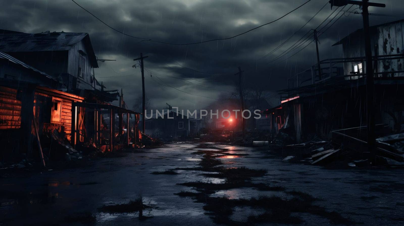 Banner: Abandoned city at night. 3d rendering. Computer digital drawing.