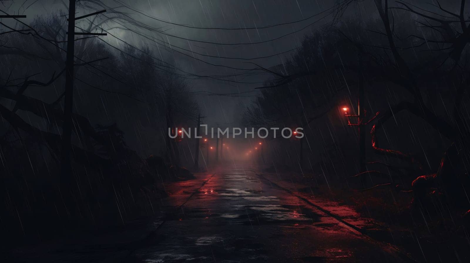 Banner: Dangerous path through the forest at night. 3D rendering