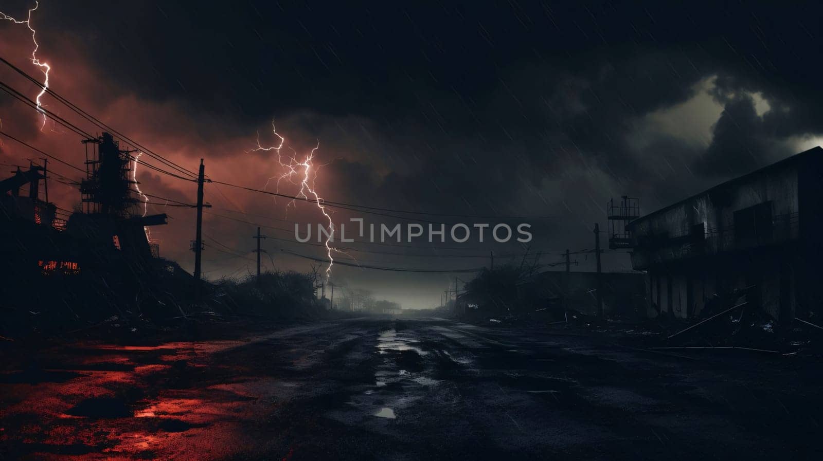 Banner: Stormy sky with lightning and electric power lines. 3D rendering