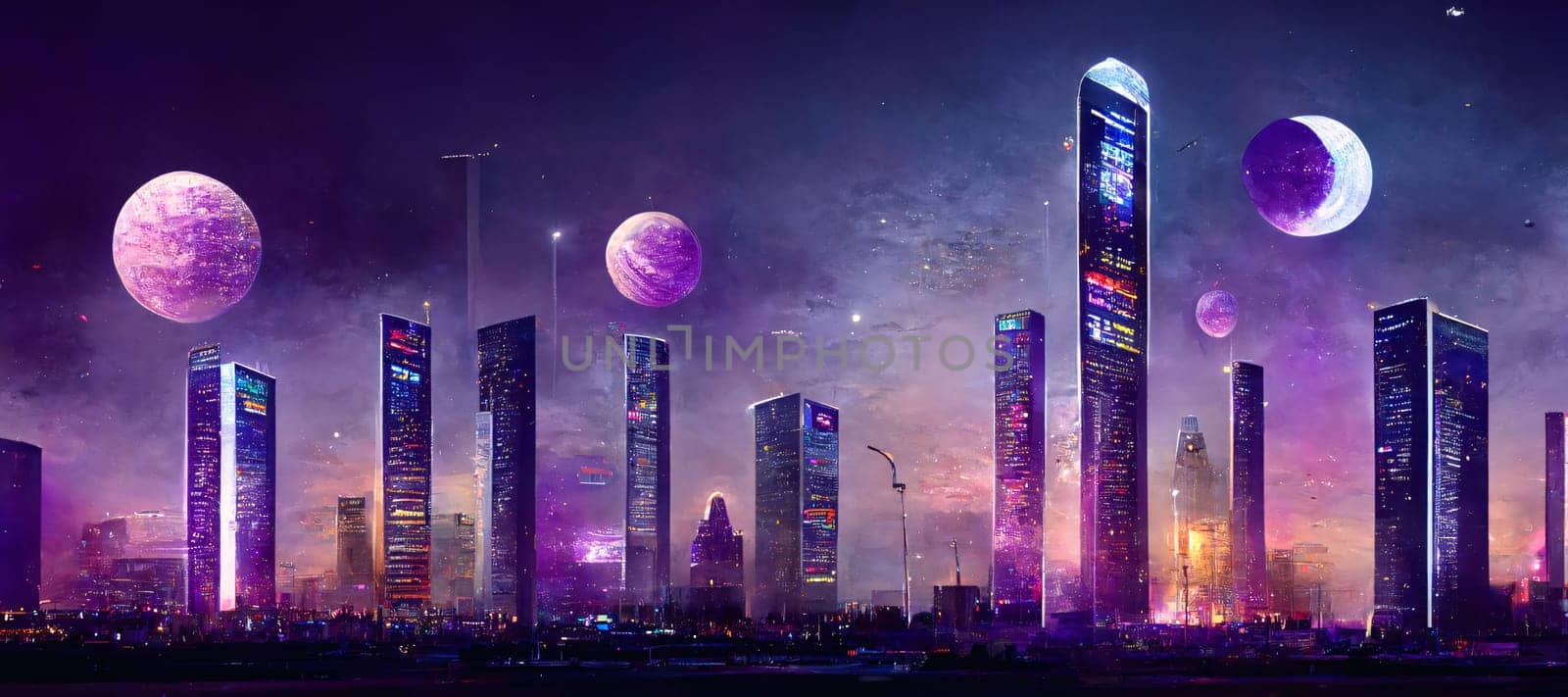 Futuristic city at night and full moon. 3D rendering by ThemesS