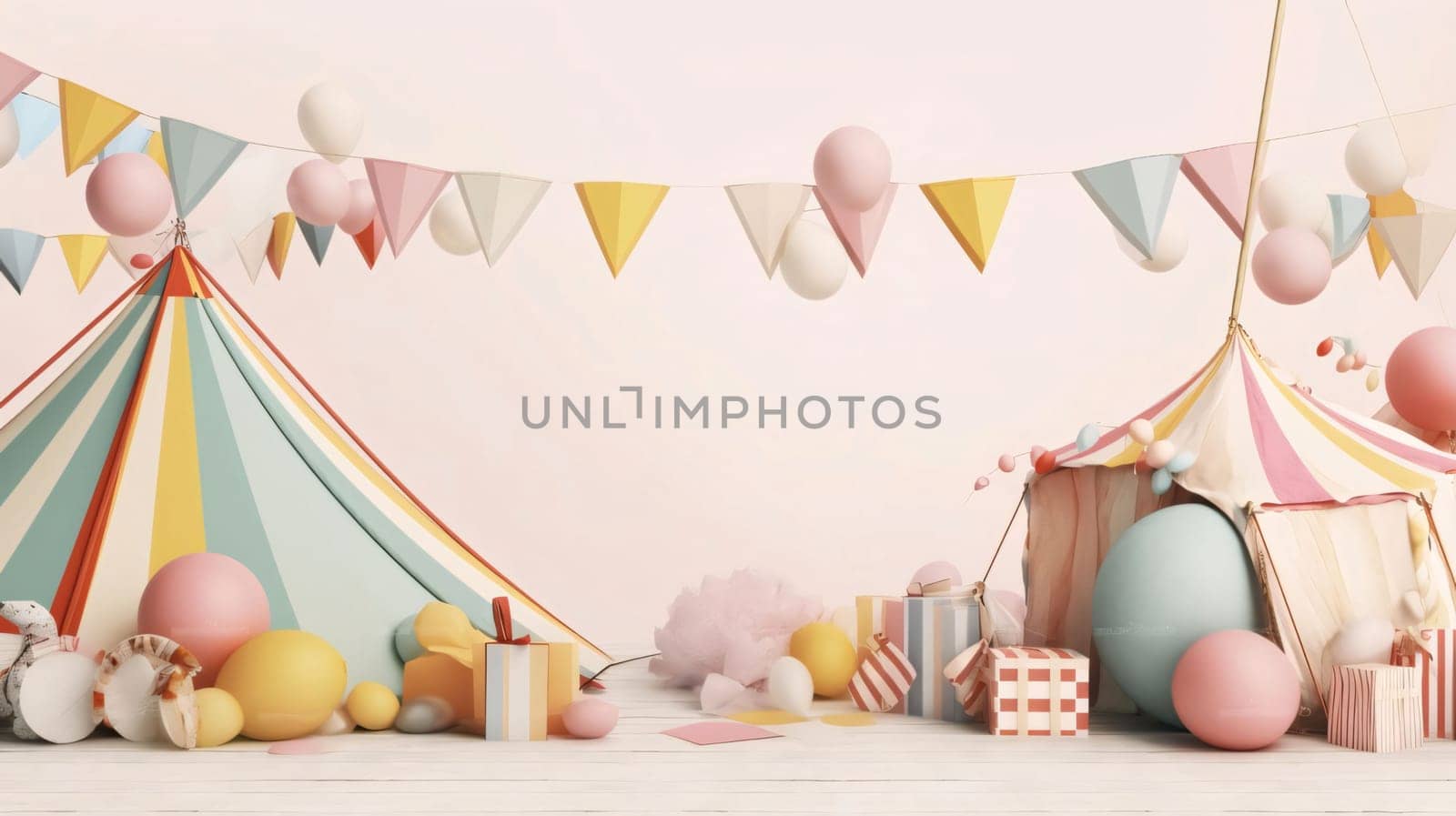 Banner: 3d rendering of a childrens room with a garland, balloons, gifts and a tent.