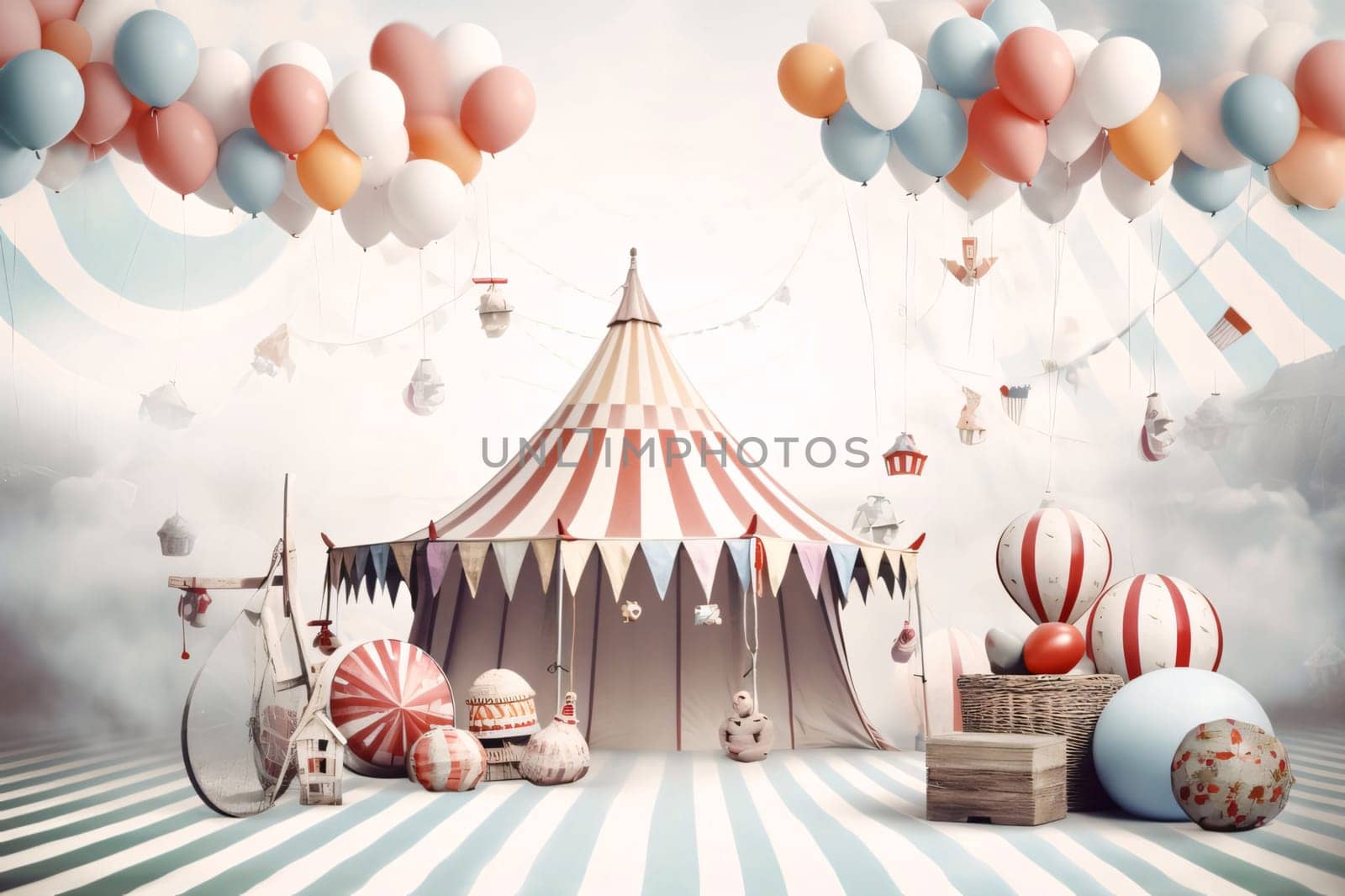 Banner: Circus tent with balloons and decorations. 3D rendering. Vintage toned image