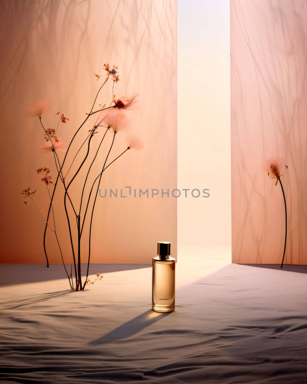 Banner: 3d rendering of a perfume bottle in a room with a beige wall