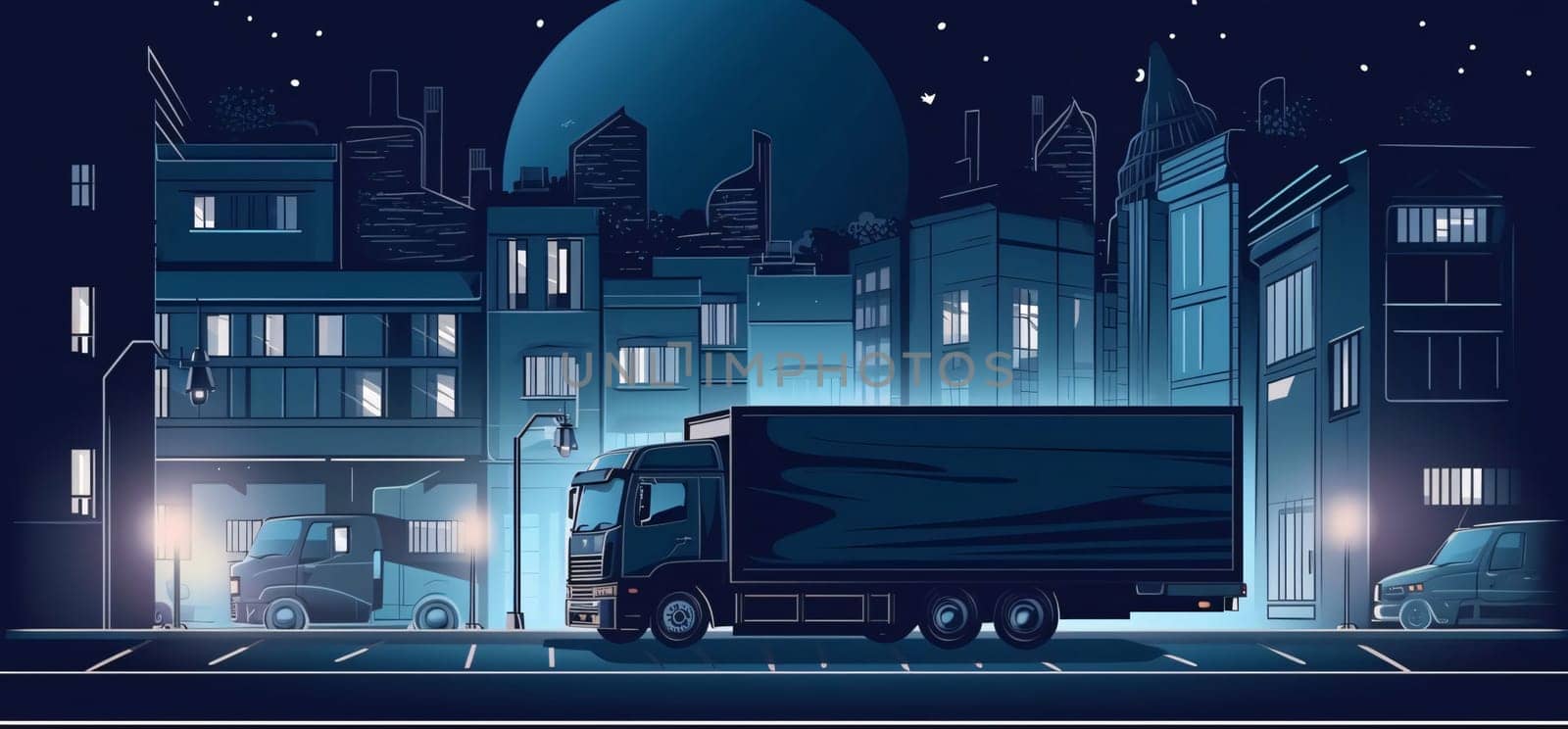 Banner: Truck on the road at night. Vector illustration of the city.