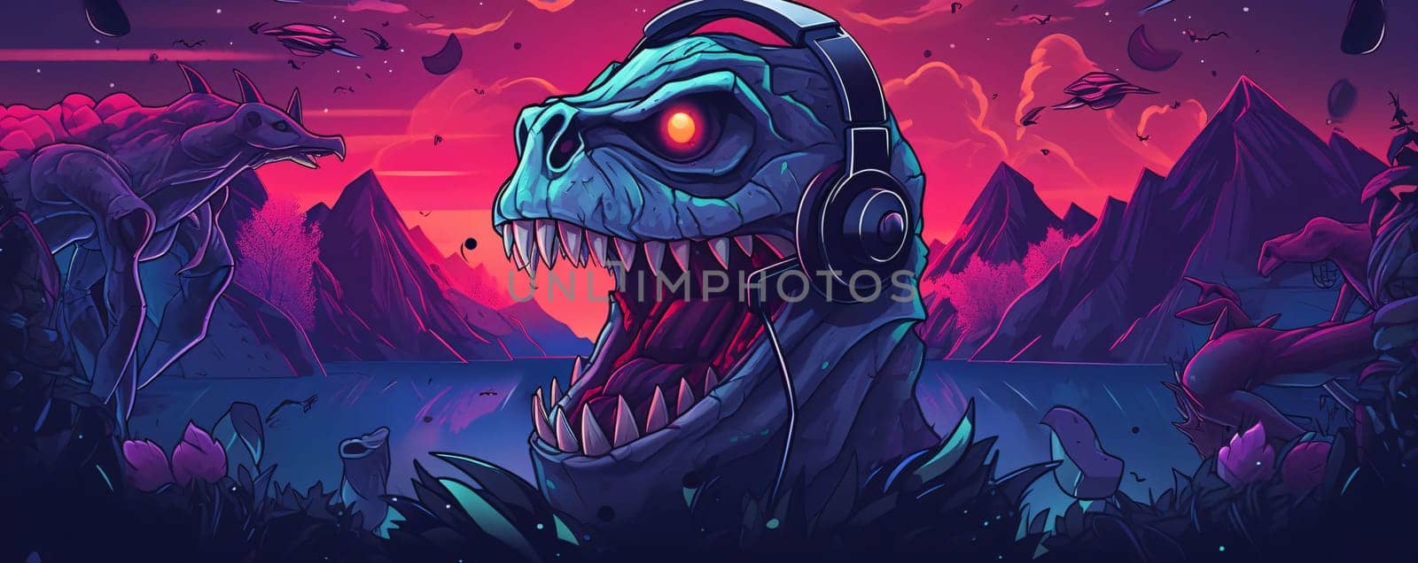Banner: Dinosaur head in headphones. Vector cartoon illustration of a monster in the dark forest at sunset.