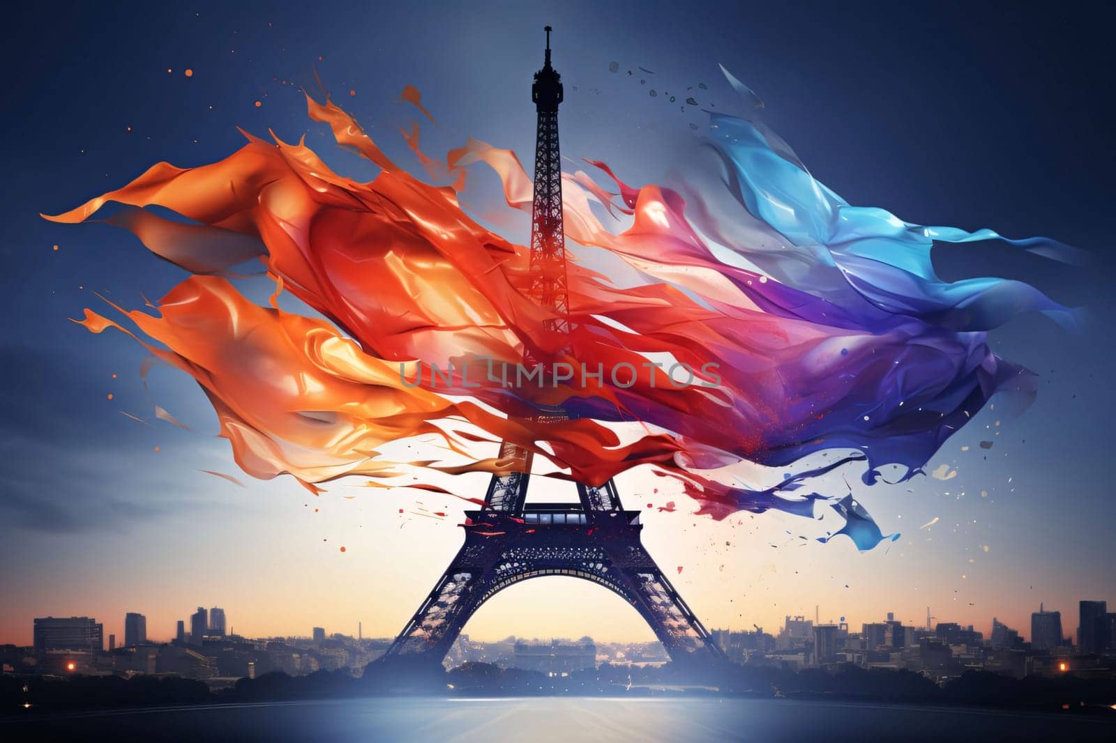 Flaming Eiffel tower with colorful splashes of water by ThemesS