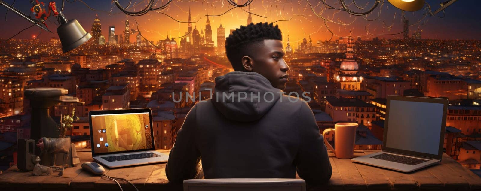 Black man sitting at his desk and looking at the city. Mixed media by ThemesS