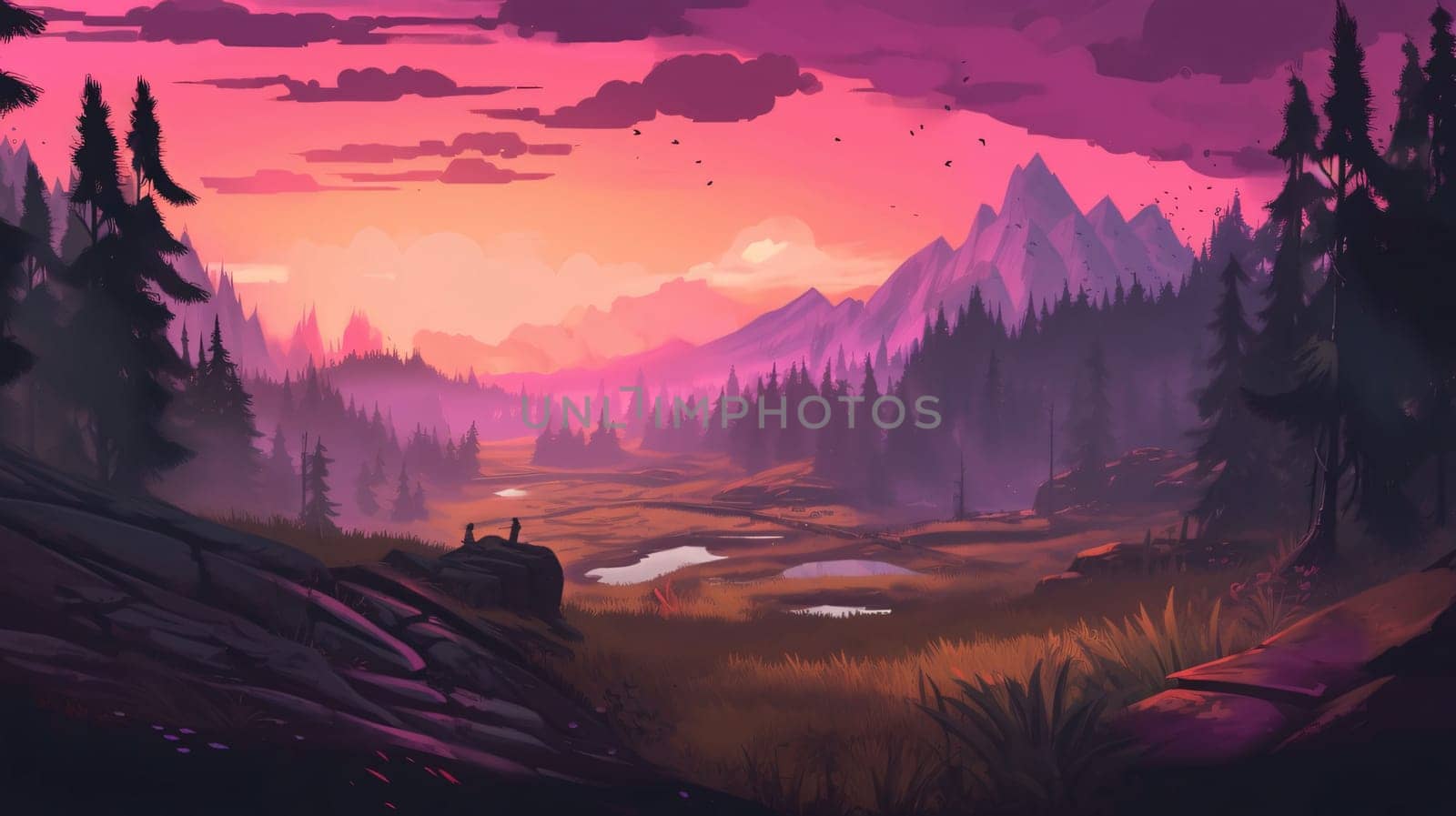 Fantasy landscape with mountains and lake. Digital art painting illustration. by ThemesS