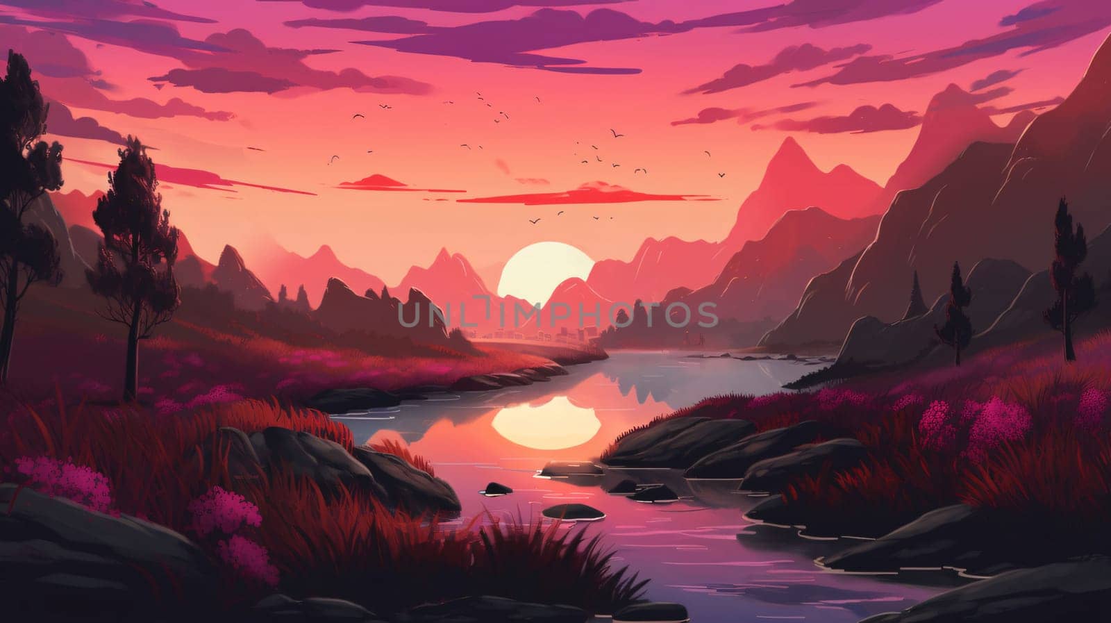 Banner: Fantasy landscape with river and mountains at sunset. Vector illustration.