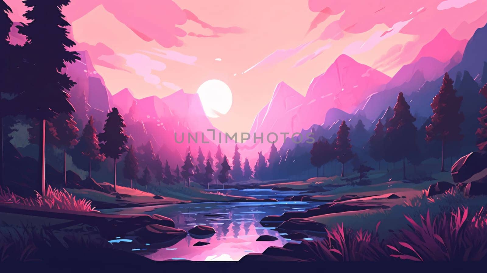 Banner: Fantasy landscape with river and mountains at sunset. Vector illustration.