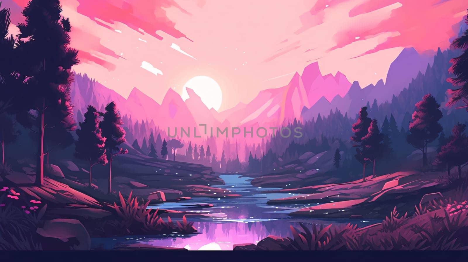 Fantasy landscape with a river and a forest. Vector illustration. by ThemesS