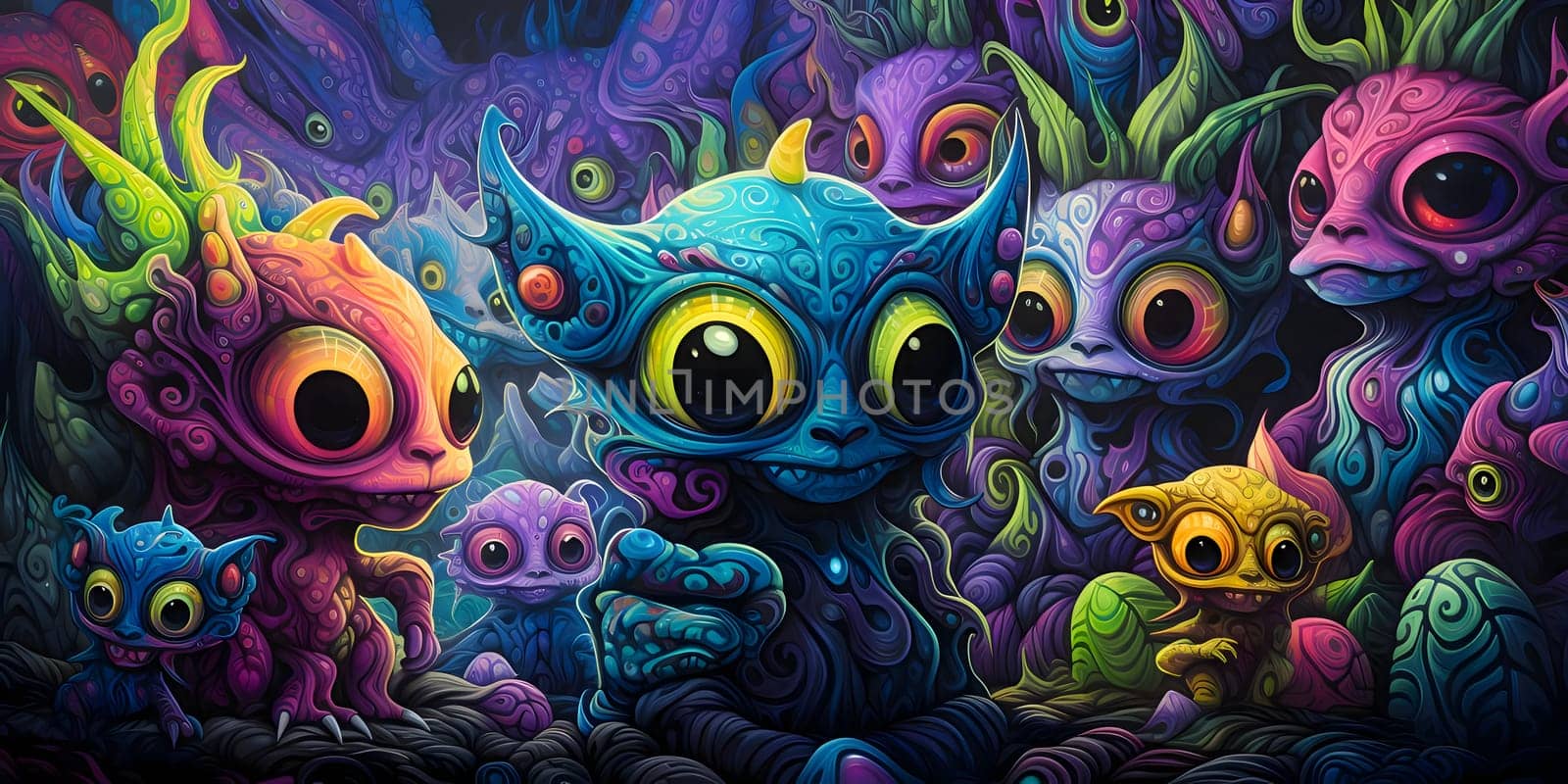 Colorful monsters background. Fantasy fantastic creatures with eyes and mouths. by ThemesS