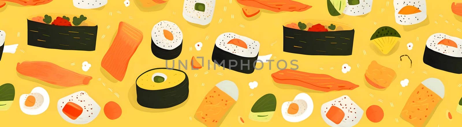 Seamless pattern with sushi and rolls on a yellow background. by ThemesS