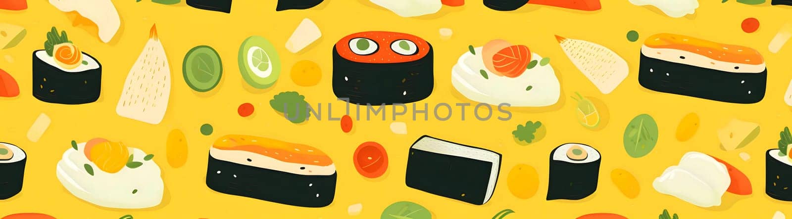 Seamless pattern with sushi and rolls on a yellow background. by ThemesS