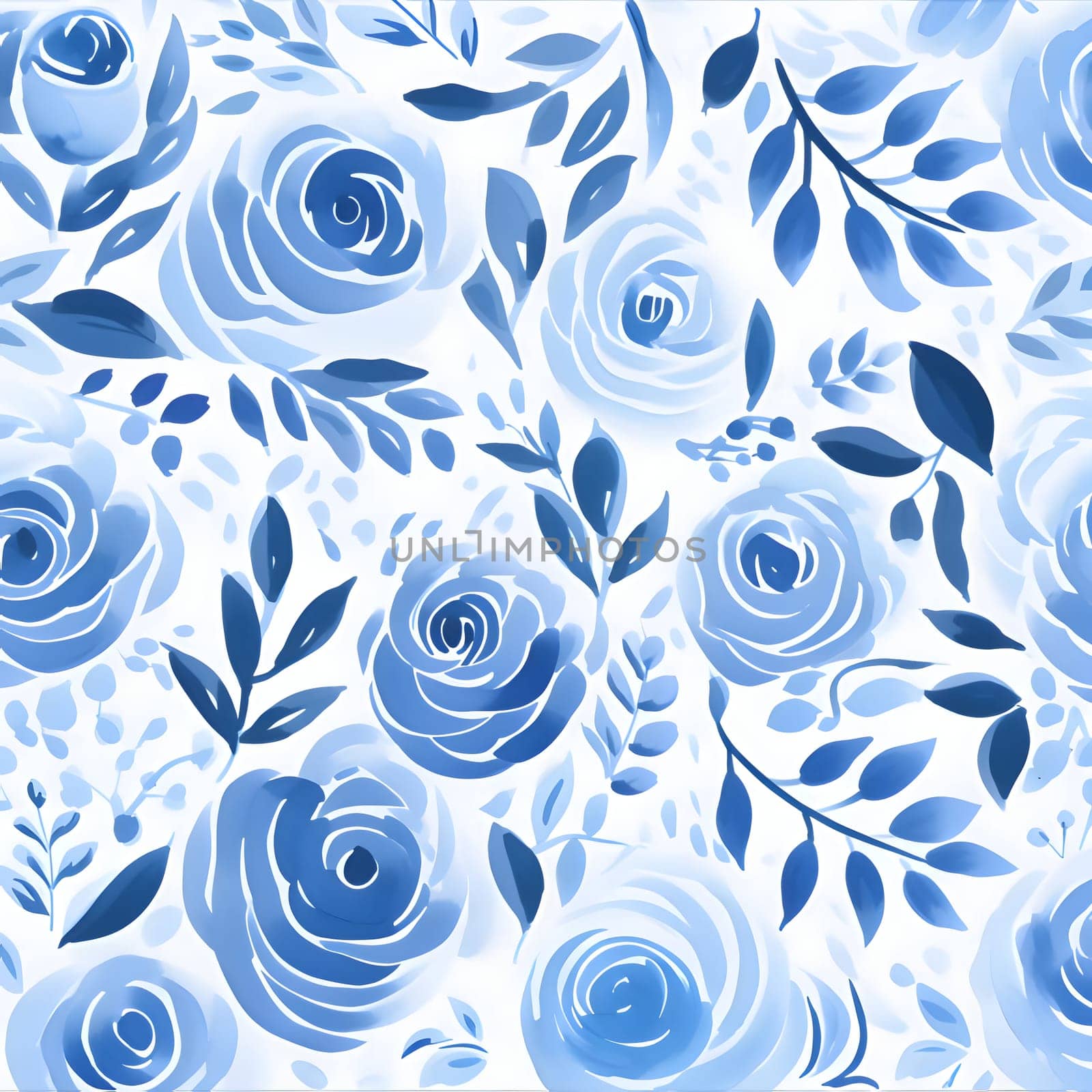 Seamless pattern with blue roses and leaves. Vector illustration. by ThemesS
