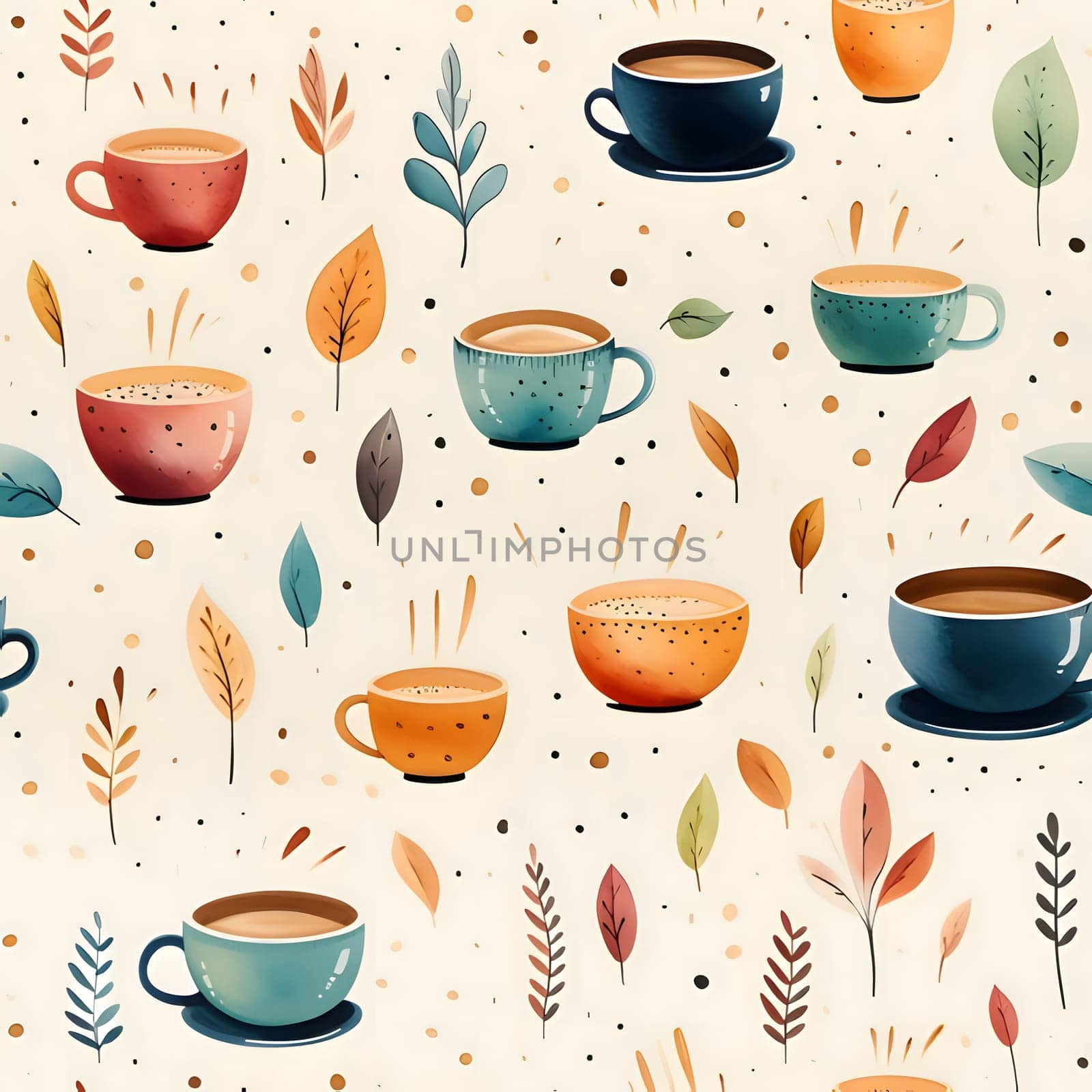 Patterns and banners backgrounds: Seamless pattern with coffee cups and leaves. Vector illustration.