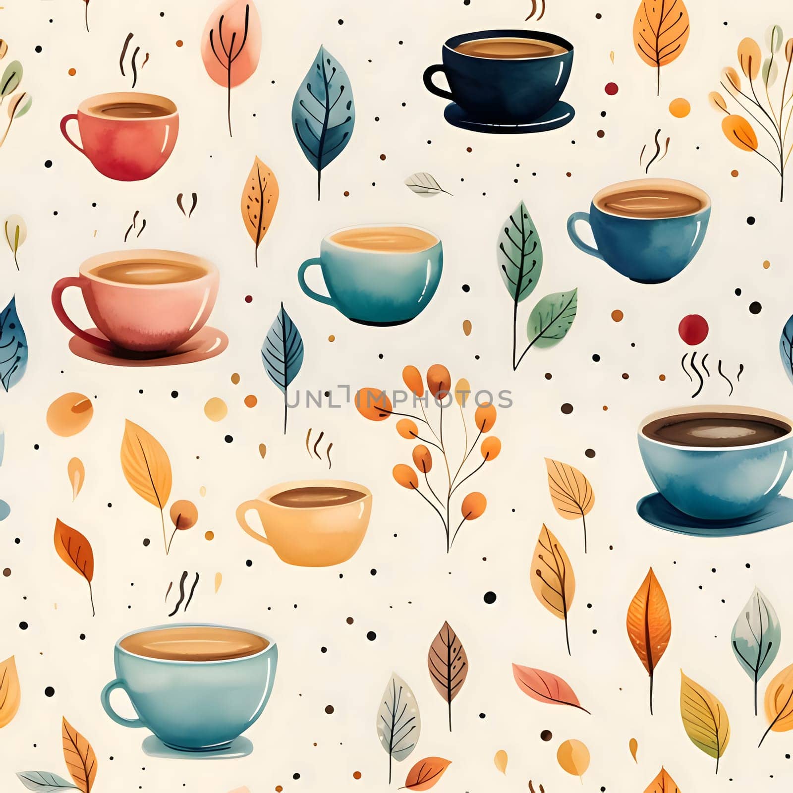 Seamless pattern with coffee cups and autumn leaves. Vector illustration. by ThemesS