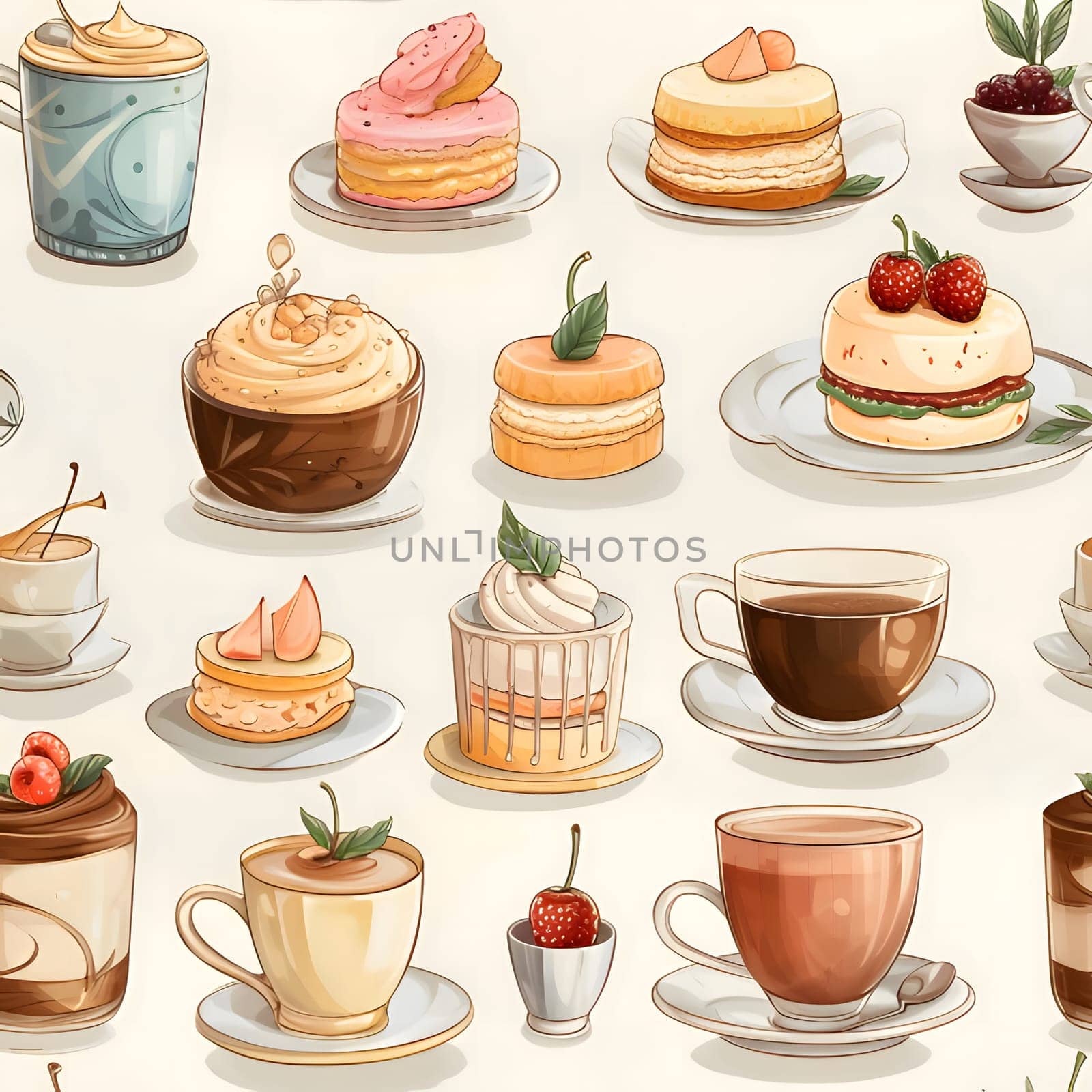 Seamless pattern with coffee cups, macaroons, cakes and strawberries. by ThemesS