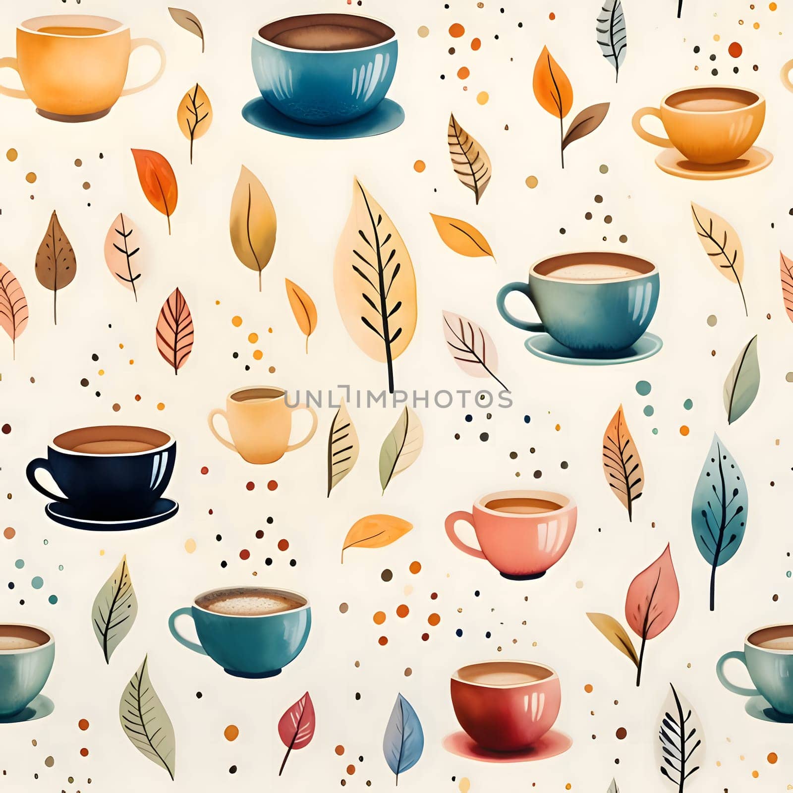 Patterns and banners backgrounds: Seamless pattern with coffee cups and autumn leaves. Vector illustration.