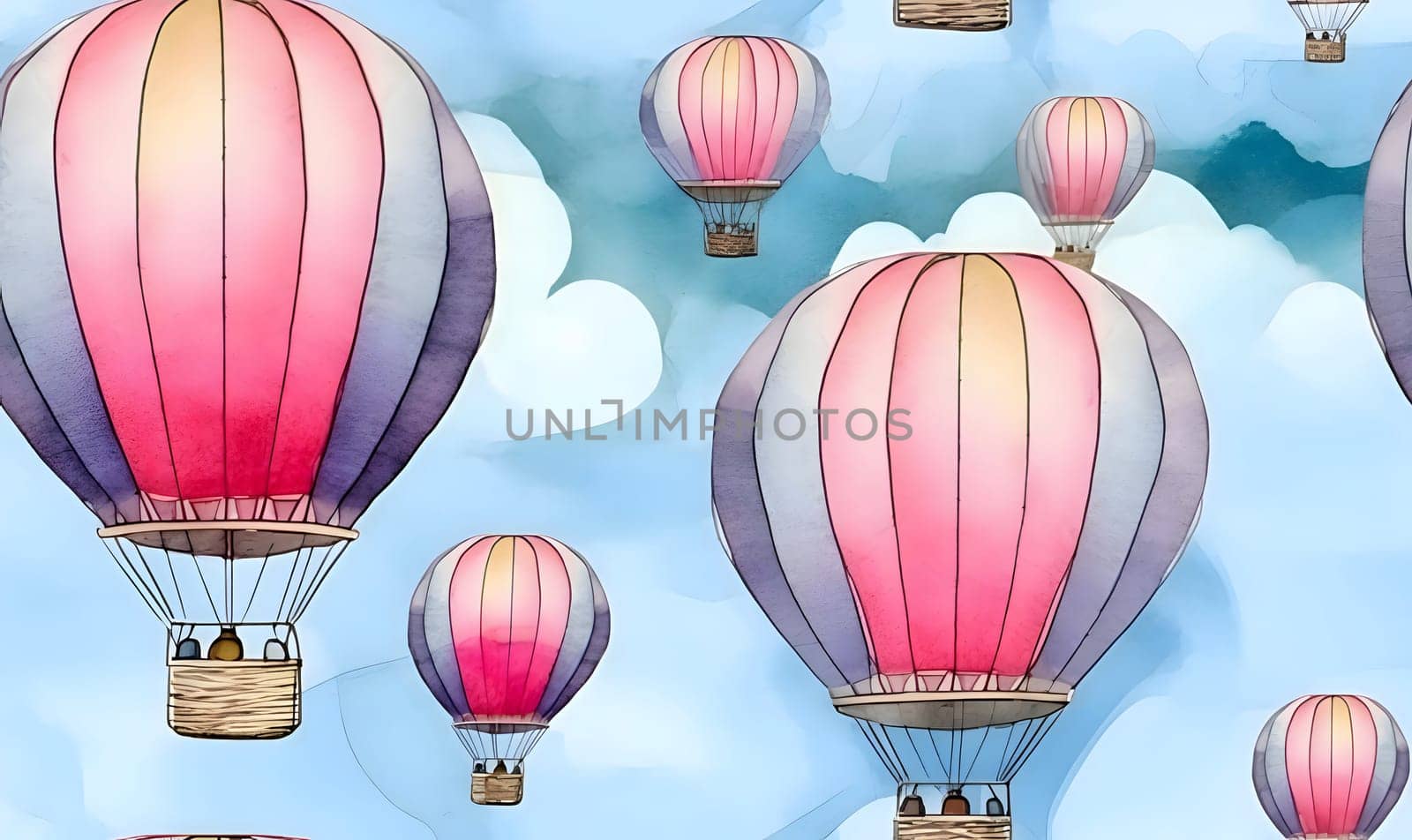 Patterns and banners backgrounds: Watercolor seamless pattern with hot air balloons in the sky. Hand drawn illustration