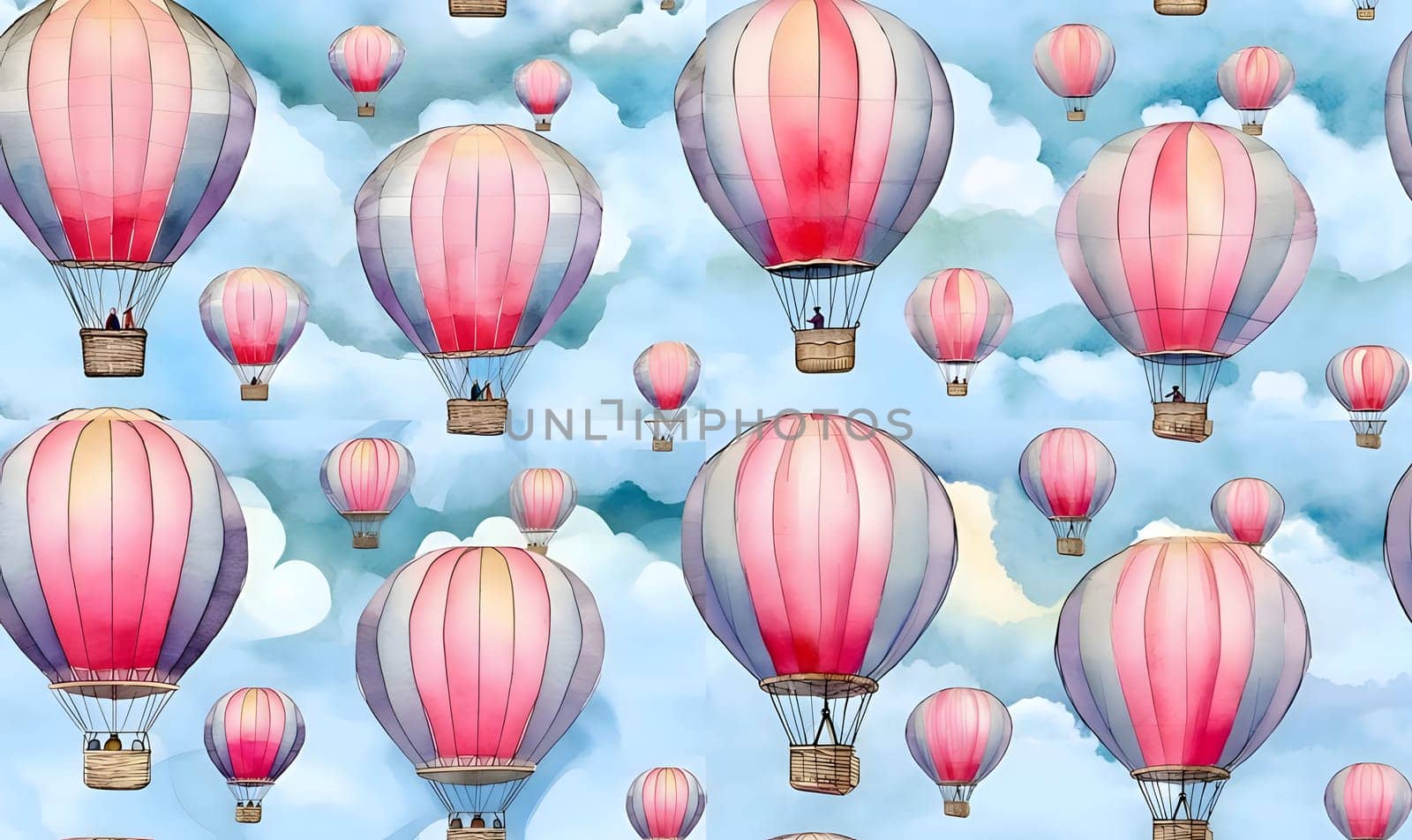 Seamless pattern with hot air balloons in the sky. Watercolor illustration. by ThemesS