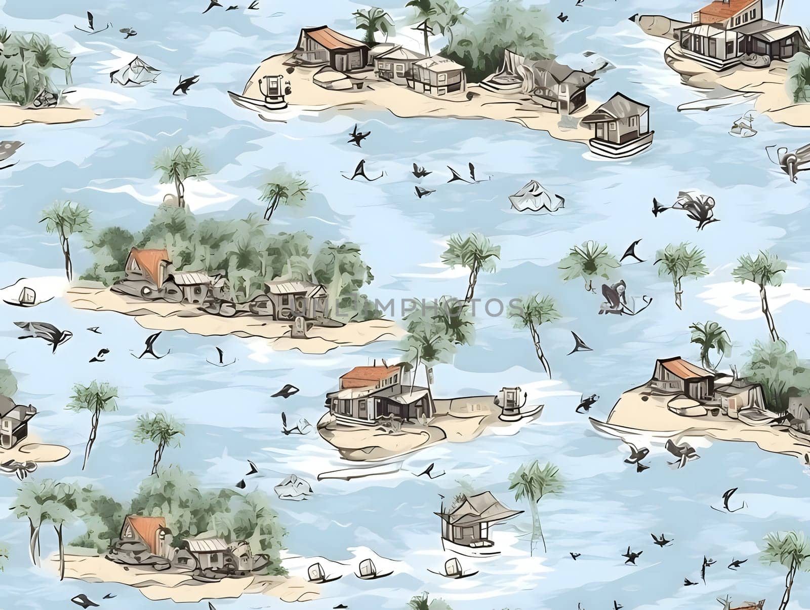 Patterns and banners backgrounds: Seamless pattern with houses and seagulls on the island