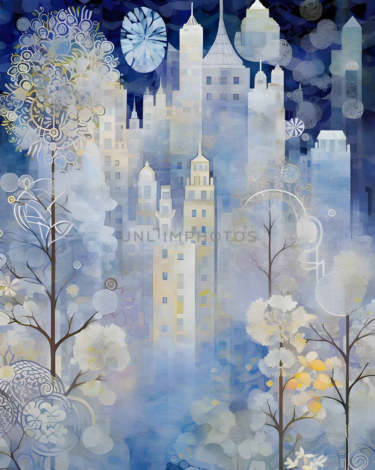 Patterns and banners backgrounds: Winter landscape with city, trees and snowflakes. Vector illustration.