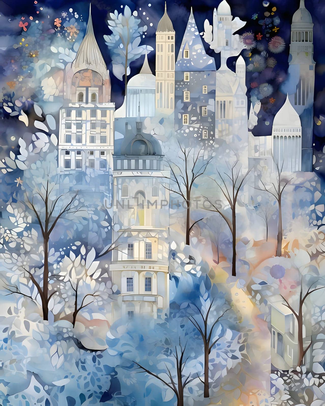 Patterns and banners backgrounds: Winter landscape with houses, trees and snowflakes. Watercolor illustration.