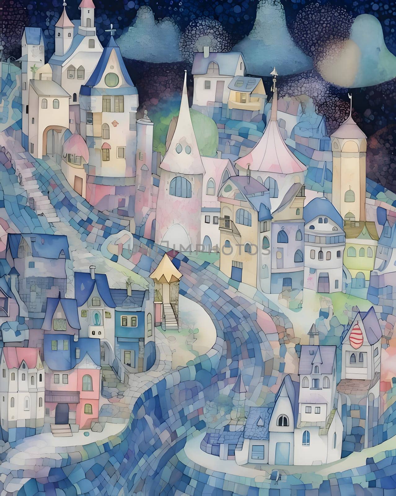 Seamless pattern with the image of a medieval town. Watercolor illustration. by ThemesS