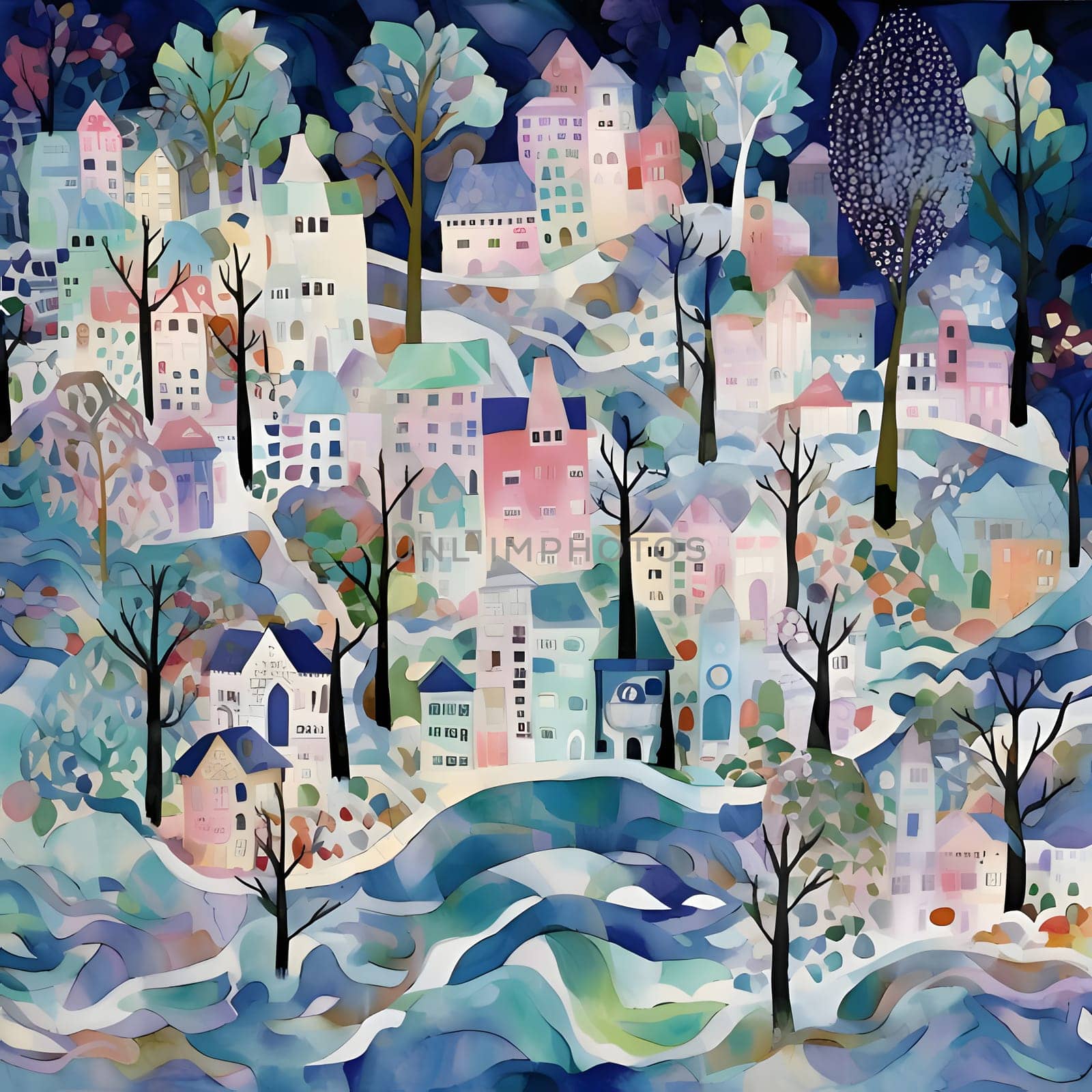 Winter landscape with houses, trees and river. Seamless pattern. by ThemesS