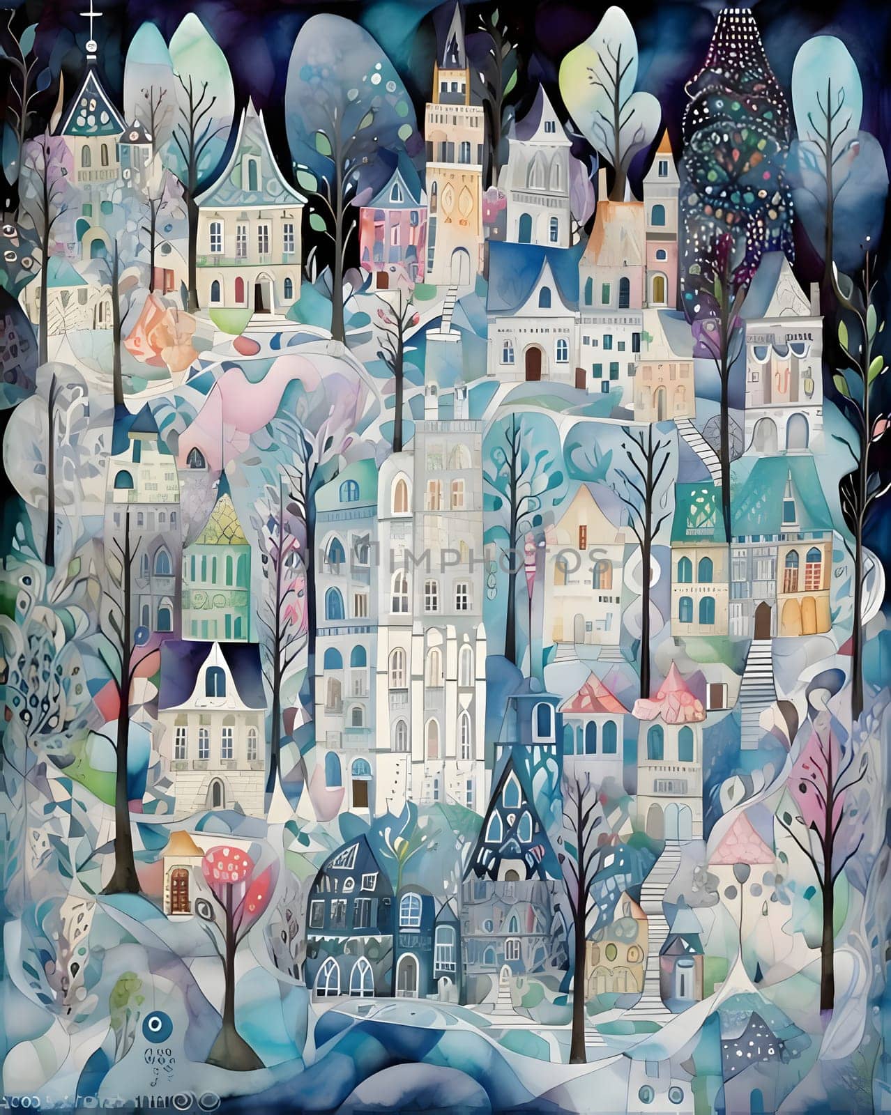 Winter landscape with houses and trees. Watercolor hand drawn illustration. by ThemesS