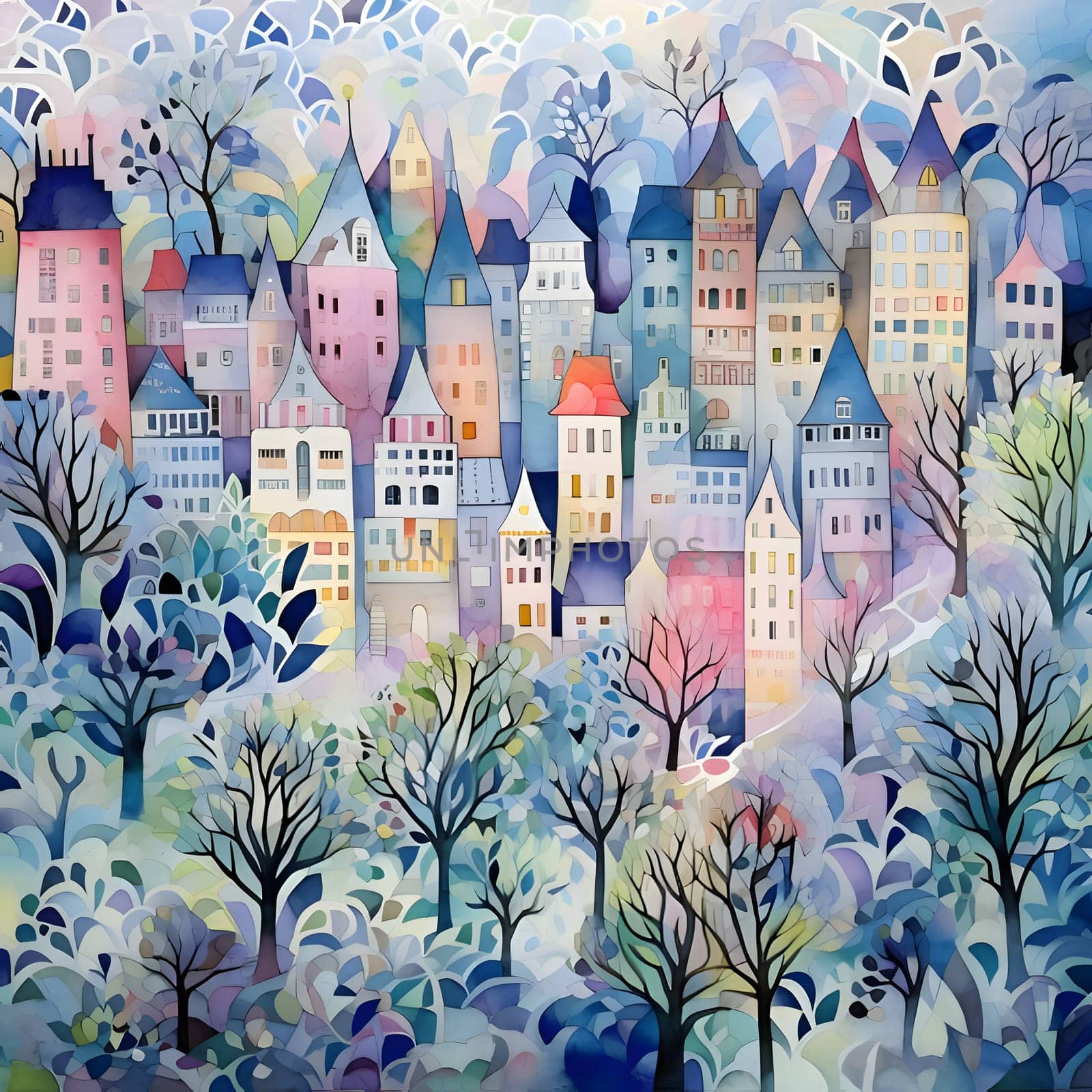 Patterns and banners backgrounds: Winter cityscape. Watercolor hand drawn illustration. Colorful background.