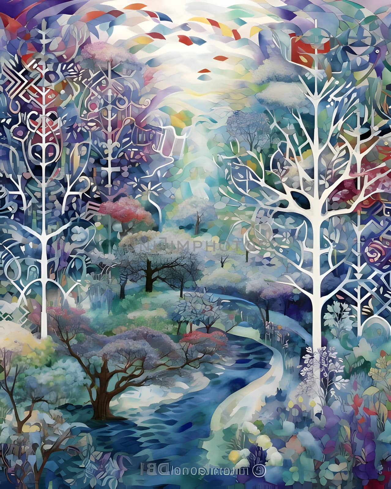 Winter landscape with trees, river and snowflakes. Watercolor illustration. by ThemesS