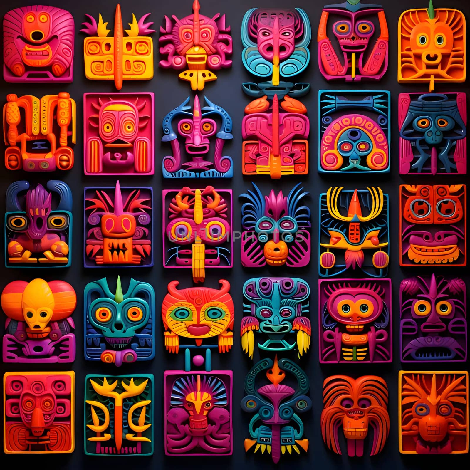 Patterns and banners backgrounds: Set of colorful tribal masks on a black background. Ethnic masks.
