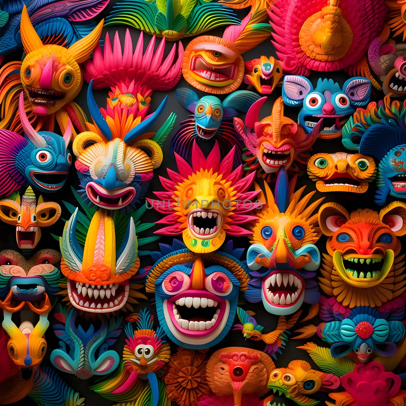 Seamless pattern of Mexican masks on black background. Vector illustration. by ThemesS