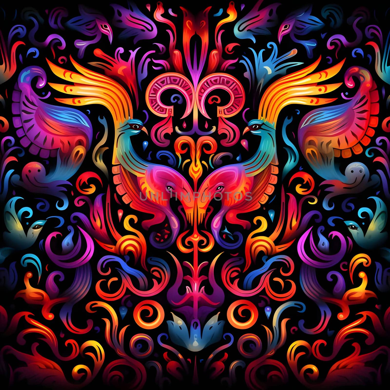 Patterns and banners backgrounds: Colorful seamless pattern with ornamental birds on black background. Vector illustration.