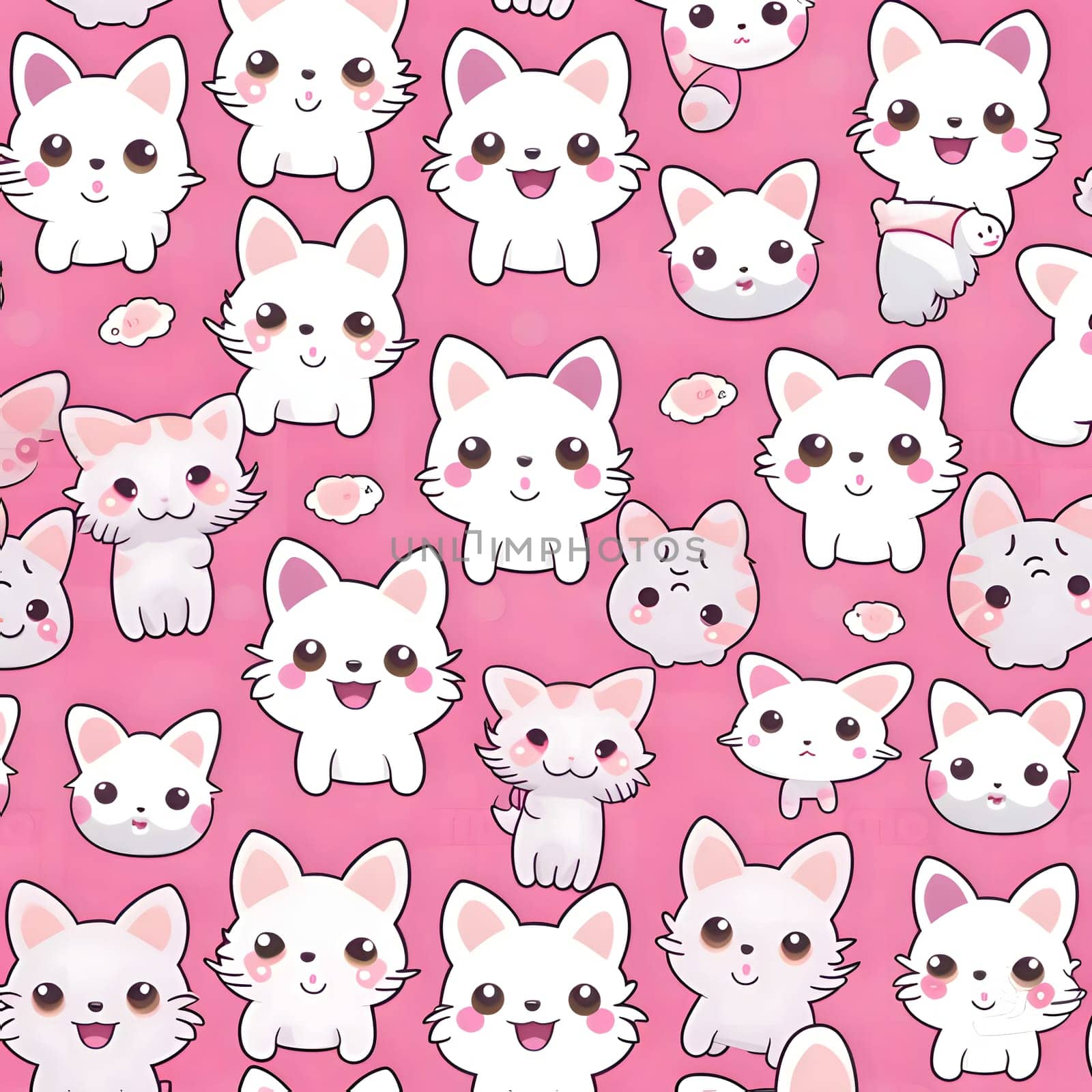 Seamless pattern with cute kawaii white cats on pink background by ThemesS