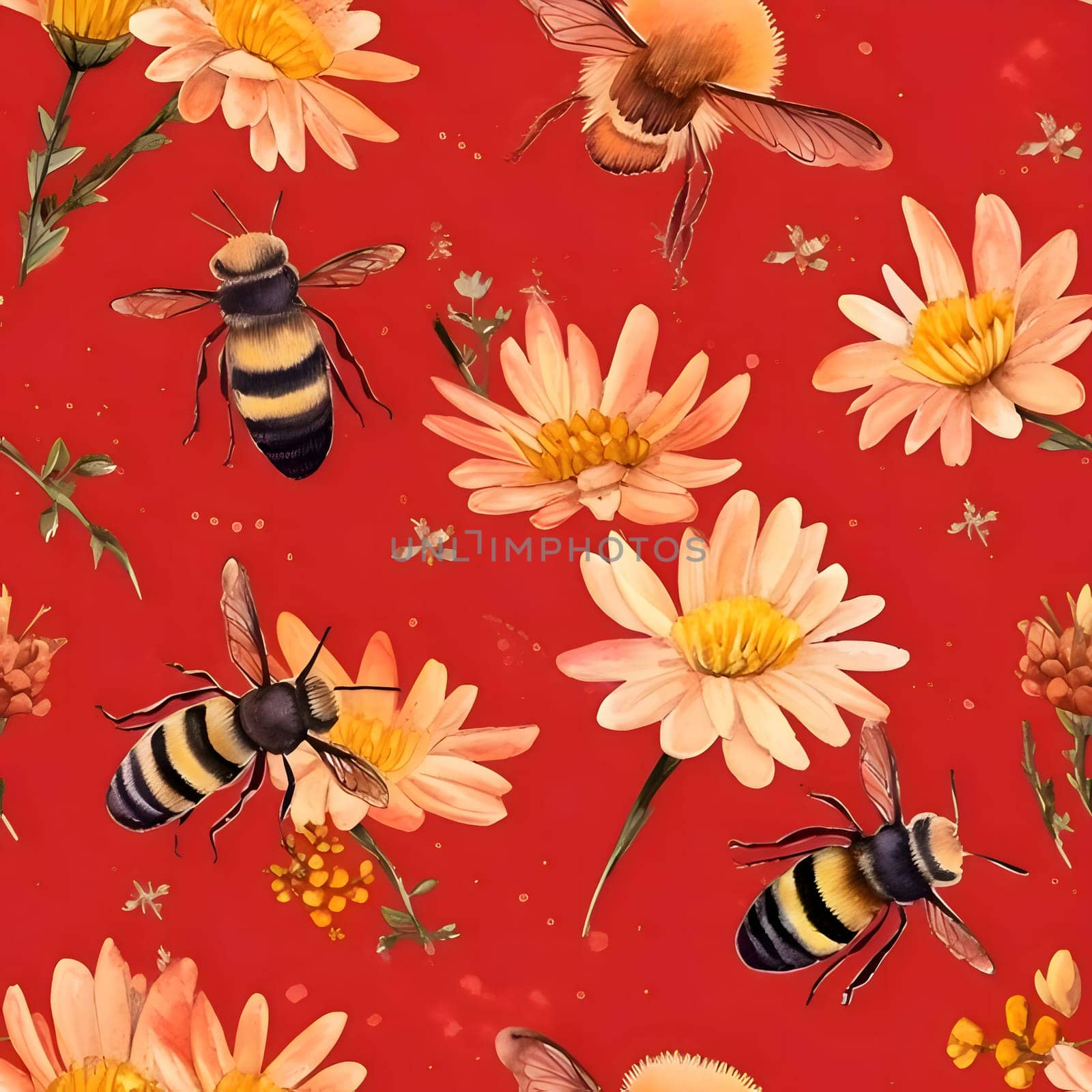 Patterns and banners backgrounds: Seamless pattern with bees and flowers. Watercolor illustration.