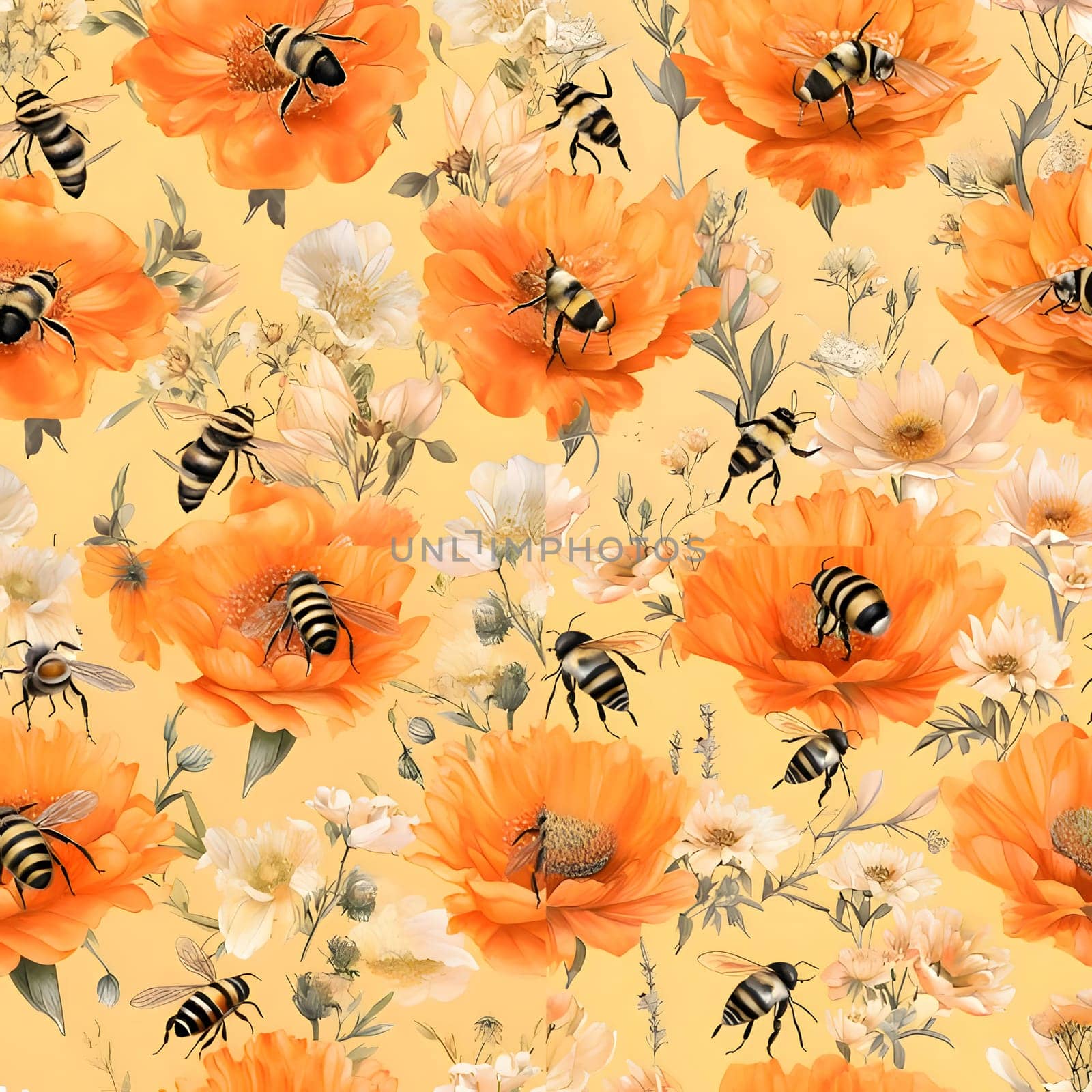 Seamless pattern with bees and flowers. Watercolor illustration. by ThemesS