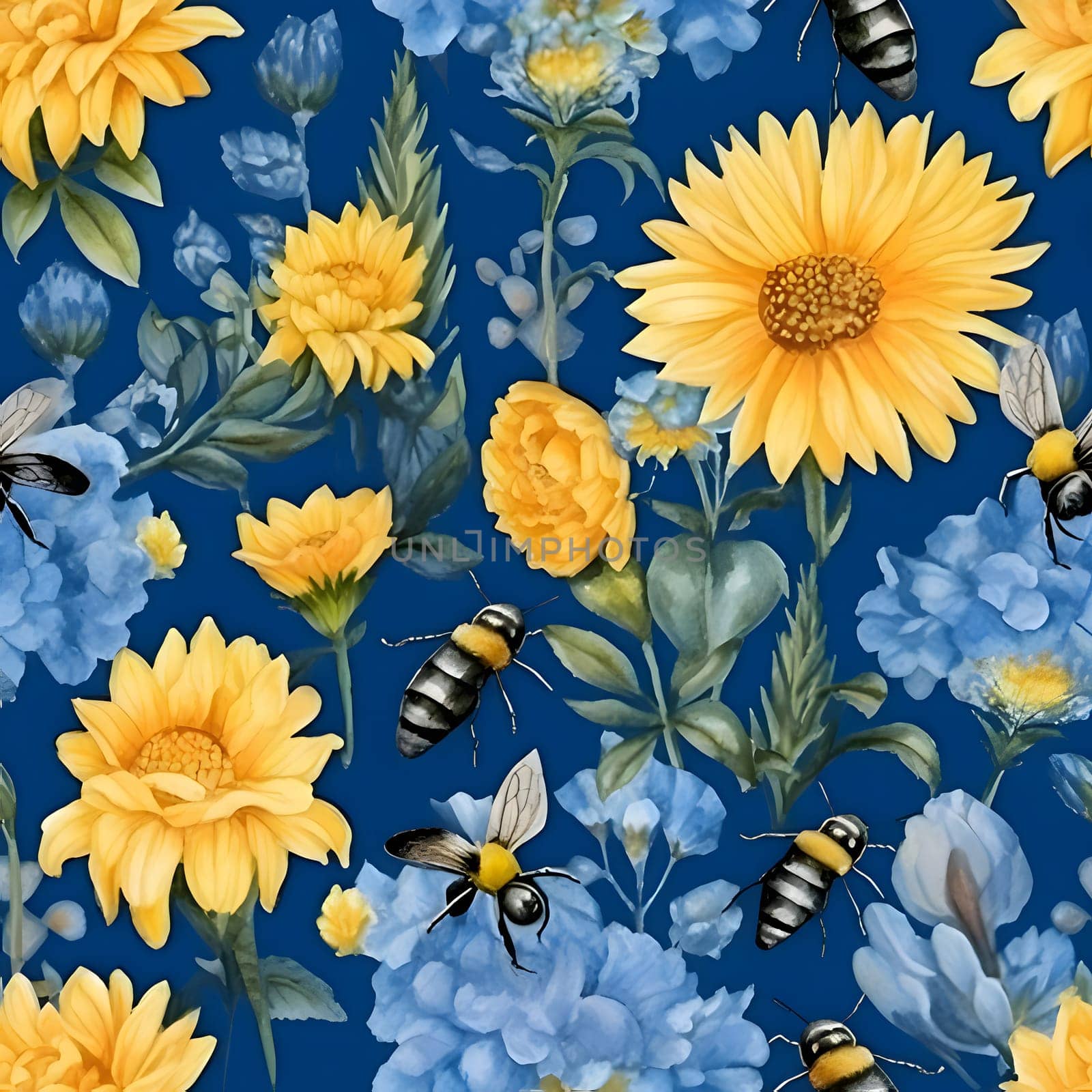 Seamless pattern with yellow flowers and bees. Watercolor. by ThemesS