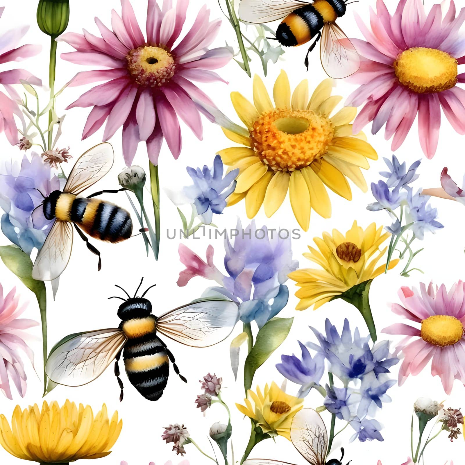 Seamless pattern with bees and flowers, watercolor illustration. by ThemesS