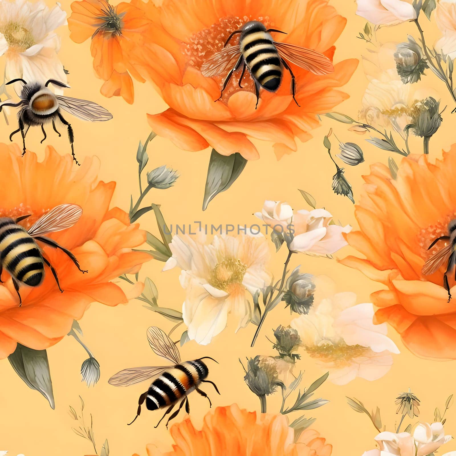 Seamless pattern with bees and flowers. Watercolor illustration. by ThemesS