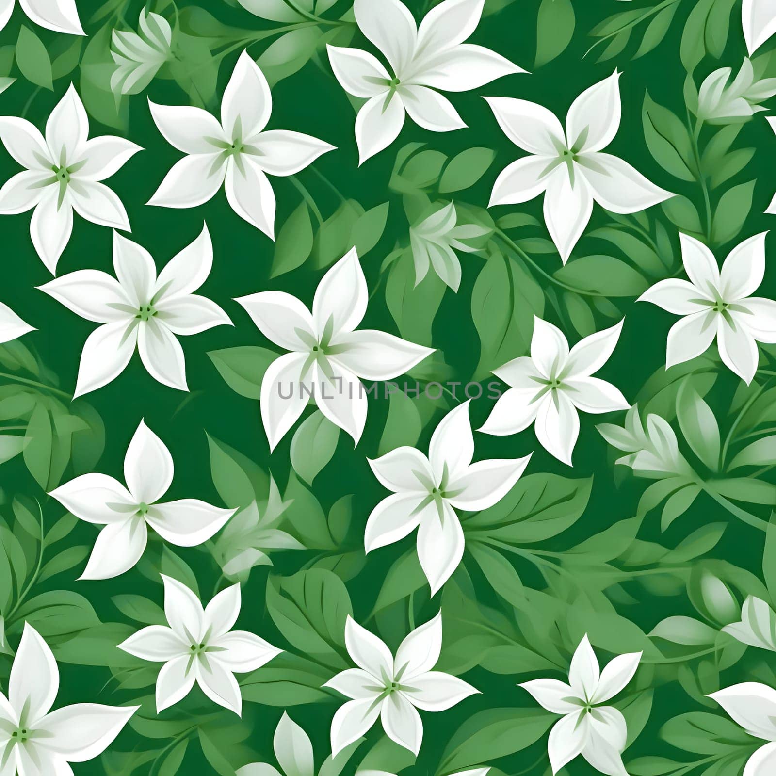 White flowers on green background. Seamless pattern. Vector illustration. by ThemesS