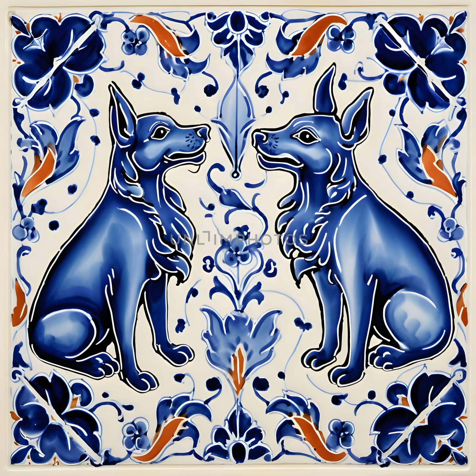 Patterns and banners backgrounds: Ceramic tile with two dogs in blue and white colors.