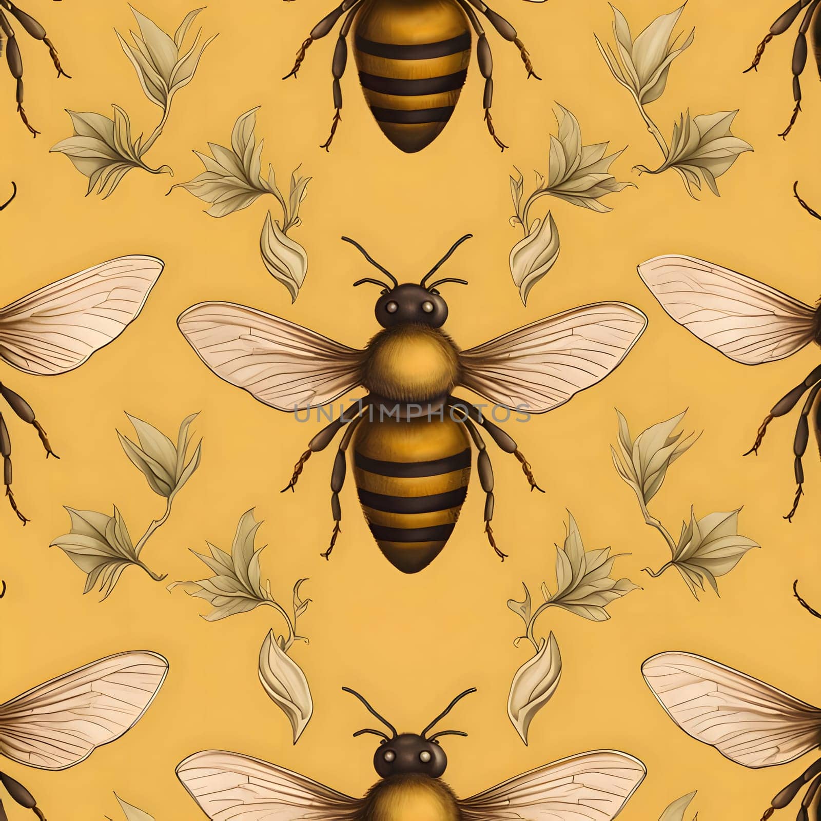 Seamless pattern with bees and leaves on a yellow background. by ThemesS