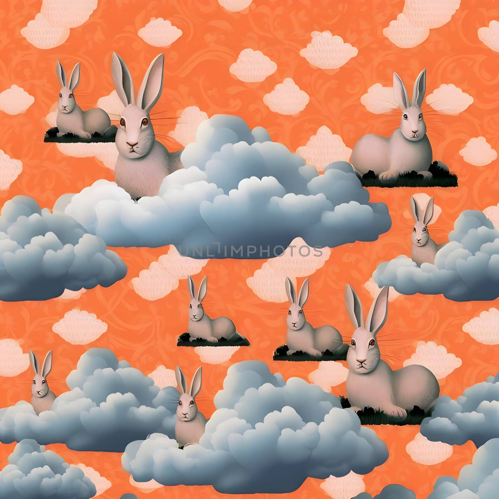 Patterns and banners backgrounds: Seamless pattern with bunnies and clouds on orange background